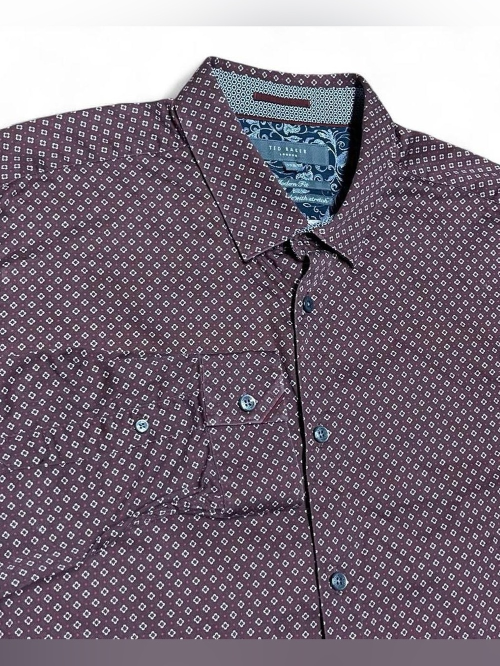 Men’s Ted Baker Modern Fit Burgundy Geometric Dress Shirt Size 17.5